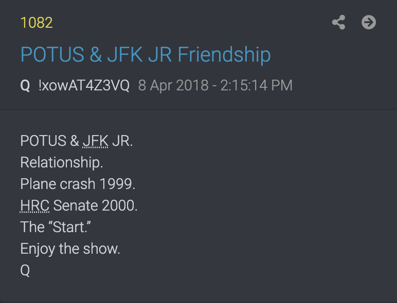 POTUS & JFK JR. Relationship. Plane crash 1999. HRC Senate 2000. The “Start.” Enjoy the show. Q